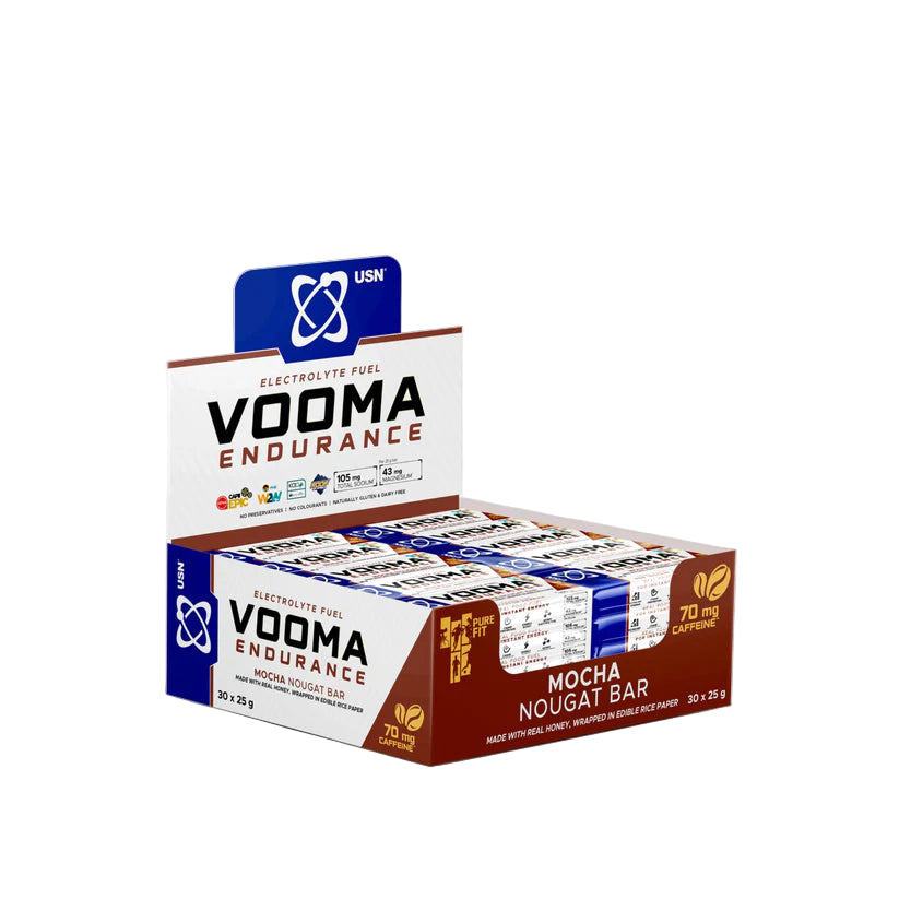 Box of Vooma Endurance Mocha Nougát bars with USN logo on a white background