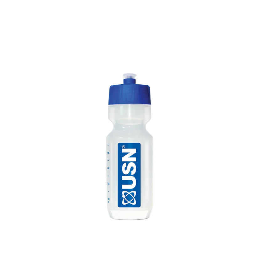 Clear water bottle with blue cap and USN logo on a white background