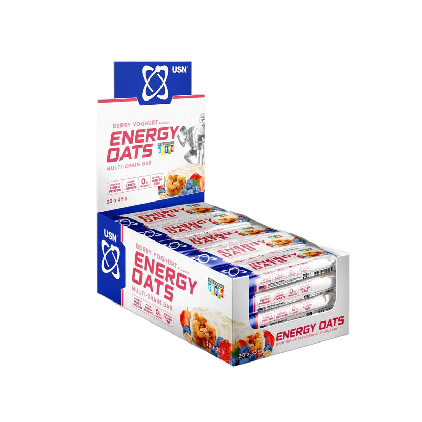 Box of USN Energy Oats bars on a white background