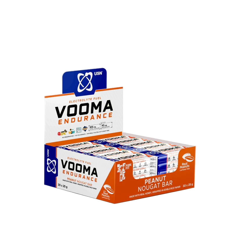 Box of Vooma Endurance peanut nougat bars with USN logo on a white background