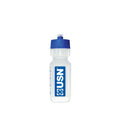 Clear water bottle with blue cap and USN logo on a white background